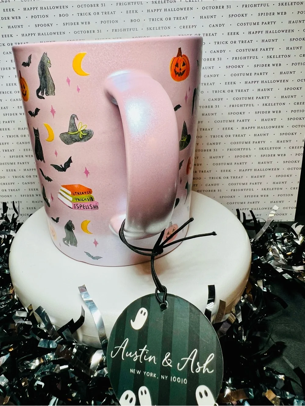 Halloween Black Cats & Books Ceramic Mug Lavender Pearl Bats Witch Hat Spells